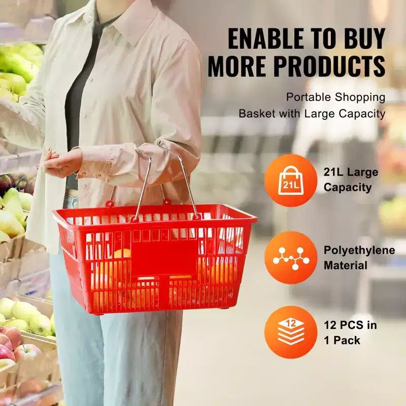 VEVOR Panier de courses, lot de 12, 21 L, en plastique durable, avec poignée métallique et support, 42,5 x 30,5 x 21,8 cm, portable, rouge