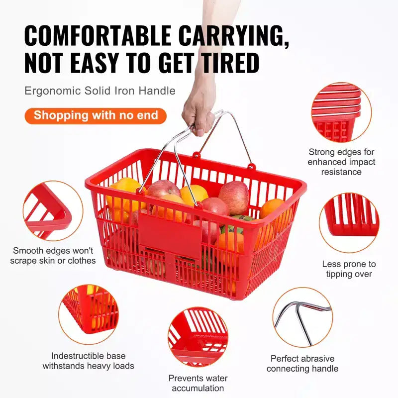 VEVOR Panier de courses, lot de 12, 21 L, en plastique durable, avec poignée métallique et support, 42,5 x 30,5 x 21,8 cm, portable, rouge