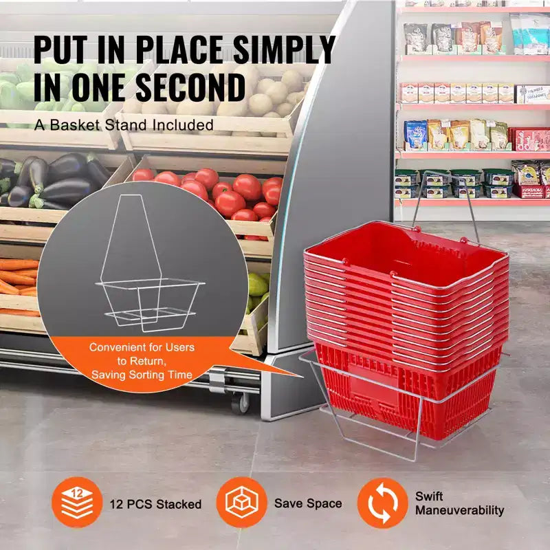 VEVOR Panier de courses, lot de 12, 21 L, en plastique durable, avec poignée métallique et support, 42,5 x 30,5 x 21,8 cm, portable, rouge