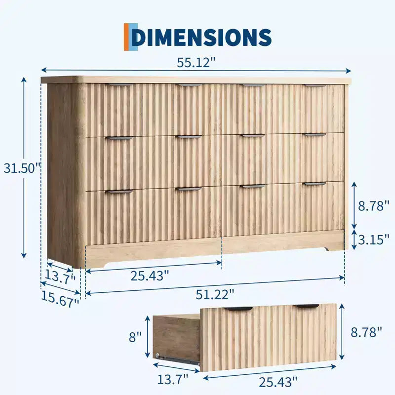 Fluted Dresser with 6 Drawers, Modern Dresser with Wood Top, Clothes Storage for Bedroom Living Room