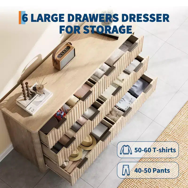 Fluted Dresser with 6 Drawers, Modern Dresser with Wood Top, Clothes Storage for Bedroom Living Room