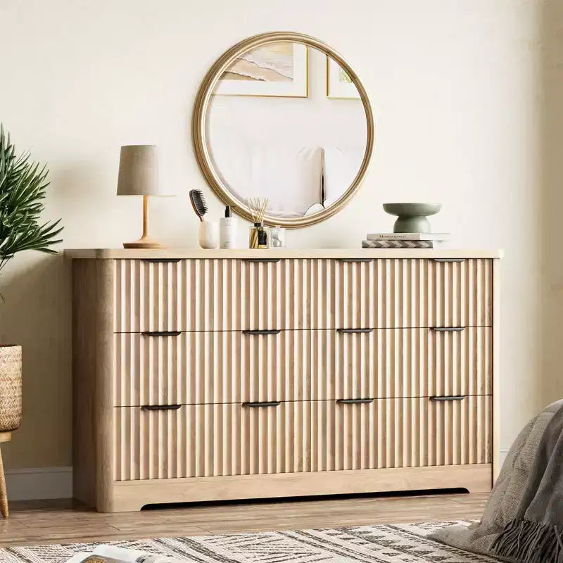 Fluted Dresser with 6 Drawers, Modern Dresser with Wood Top, Clothes Storage for Bedroom Living Room