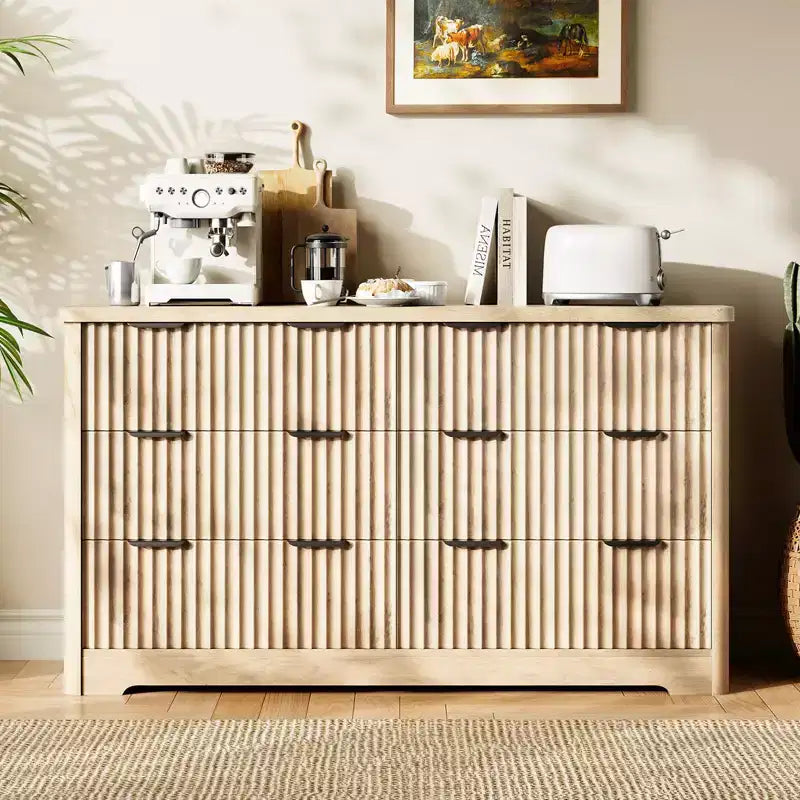 Fluted Dresser with 6 Drawers, Modern Dresser with Wood Top, Clothes Storage for Bedroom Living Room