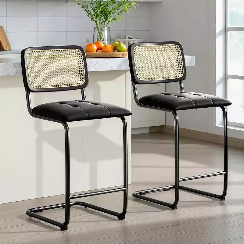 MAYEERTY 26 Black Counter Height Bar Stools Set of 2, PU Leather & Rattan Back, for Dining Areas