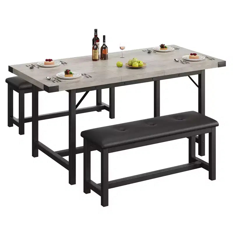 3PCS Dining Table Set, Extendable Kitchen Table with 2 Benches, Wooden Dining Room Table Set for 4-6, Space Saving Dinette Set for Home, Apartment