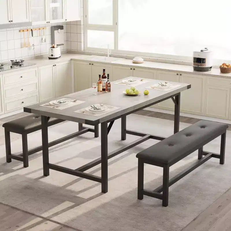 3PCS Dining Table Set, Extendable Kitchen Table with 2 Benches, Wooden Dining Room Table Set for 4-6, Space Saving Dinette Set for Home, Apartment