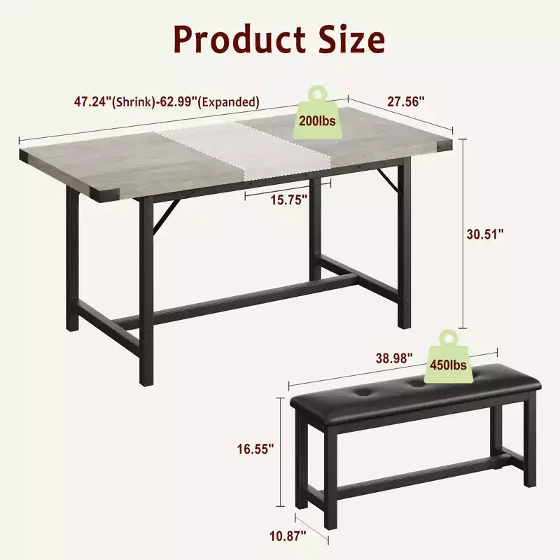 3PCS Dining Table Set, Extendable Kitchen Table with 2 Benches, Wooden Dining Room Table Set for 4-6, Space Saving Dinette Set for Home, Apartment