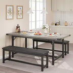 3PCS Dining Table Set, Extendable Kitchen Table with 2 Benches, Wooden Dining Room Table Set for 4-6, Space Saving Dinette Set for Home, Apartment