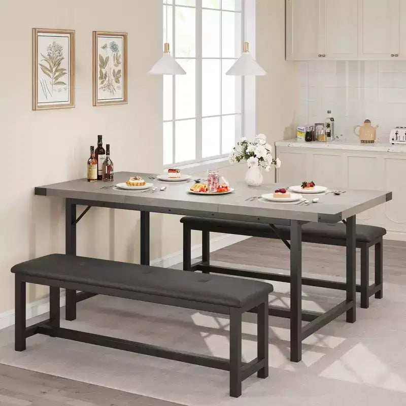 3PCS Dining Table Set, Extendable Kitchen Table with 2 Benches, Wooden Dining Room Table Set for 4-6, Space Saving Dinette Set for Home, Apartment
