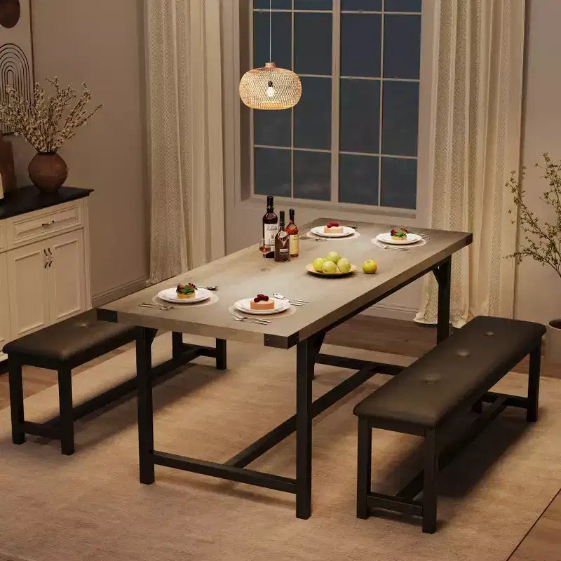 3PCS Dining Table Set, Extendable Kitchen Table with 2 Benches, Wooden Dining Room Table Set for 4-6, Space Saving Dinette Set for Home, Apartment
