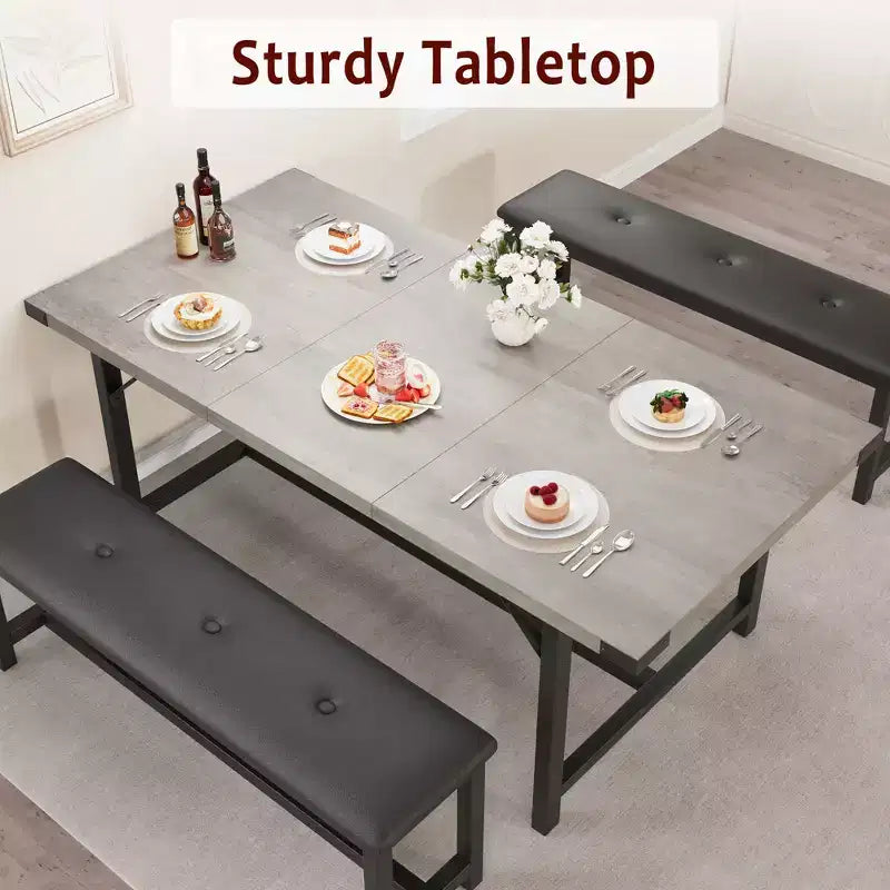 3PCS Dining Table Set, Extendable Kitchen Table with 2 Benches, Wooden Dining Room Table Set for 4-6, Space Saving Dinette Set for Home, Apartment