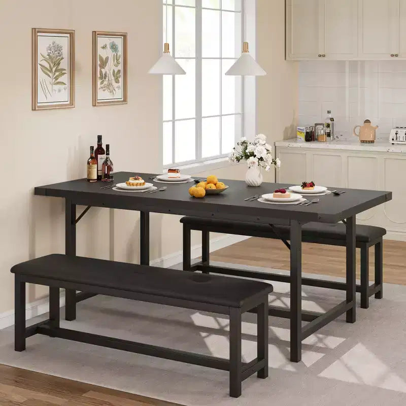 3PCS Dining Table Set, Extendable Kitchen Table with 2 Benches, Wooden Dining Room Table Set for 4-6, Space Saving Dinette Set for Home, Apartment