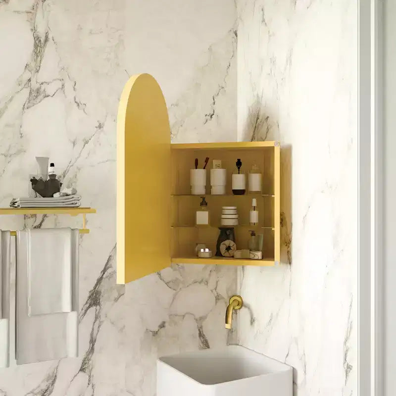 Armoire à pharmacie d'angle en métal avec miroir arqué, étagères en verre réglables, organisateur de rangement de salle de bain peu encombrant