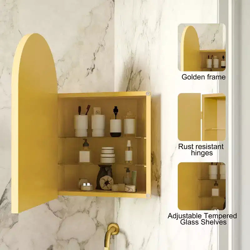 Armoire à pharmacie d'angle en métal avec miroir arqué, étagères en verre réglables, organisateur de rangement de salle de bain peu encombrant
