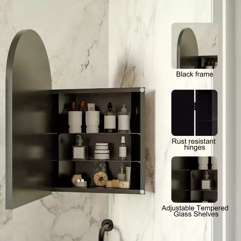 Armoire à pharmacie d'angle en métal avec miroir arqué, étagères en verre réglables, organisateur de rangement de salle de bain peu encombrant