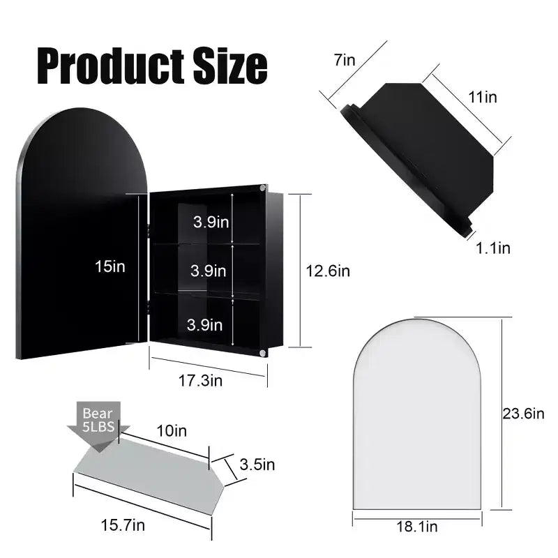 Armoire à pharmacie d'angle en métal avec miroir arqué, étagères en verre réglables, organisateur de rangement de salle de bain peu encombrant