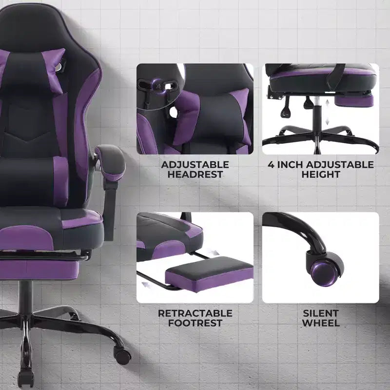Gaming Chair, Ergonomic Computer Chair with Footrest and Massage Lumbar Support, Height Adjustable Swivel Video Game Chair