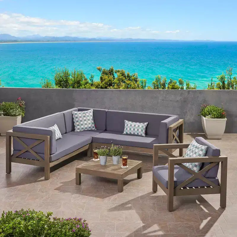 Christopher Knight Home Daniel Outdoor 5 Piece Acacia Wood Sectional Set with Water-Resistant Cushions