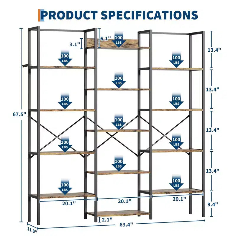 GustoWave 5 Tier Bookcases, Triple Wide Industrial Bookshelf, Steel Bookshelf, Display Storage Bookshelves