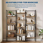 GustoWave 5 Tier Bookcases, Triple Wide Industrial Bookshelf, Steel Bookshelf, Display Storage Bookshelves