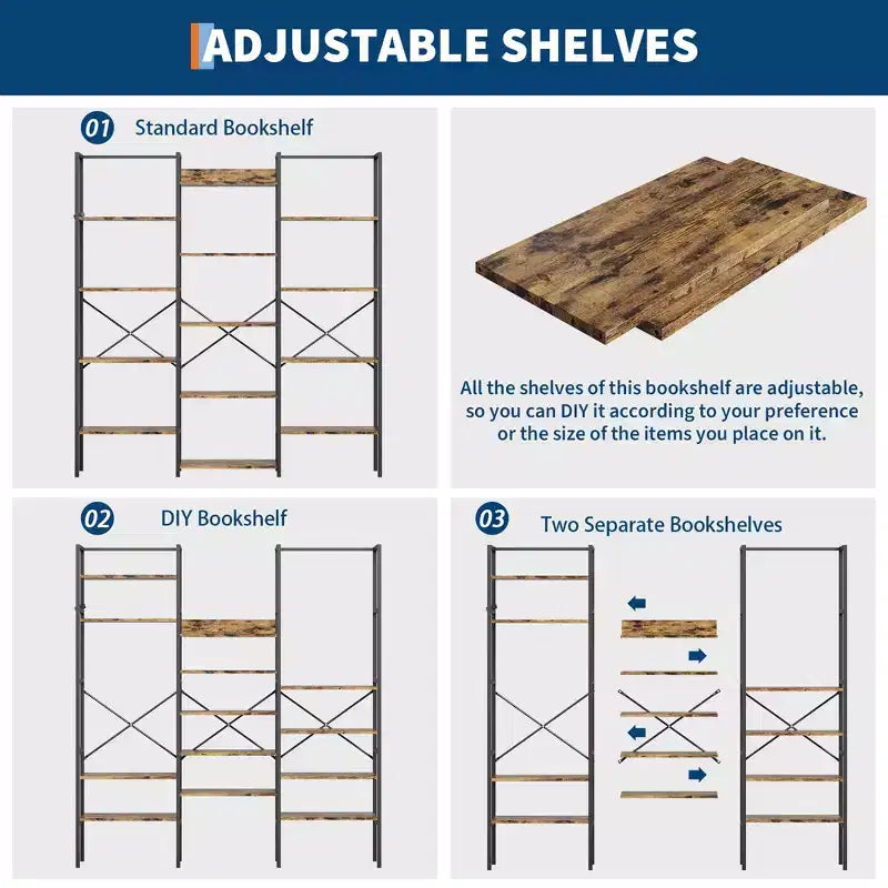 GustoWave 5 Tier Bookcases, Triple Wide Industrial Bookshelf, Steel Bookshelf, Display Storage Bookshelves