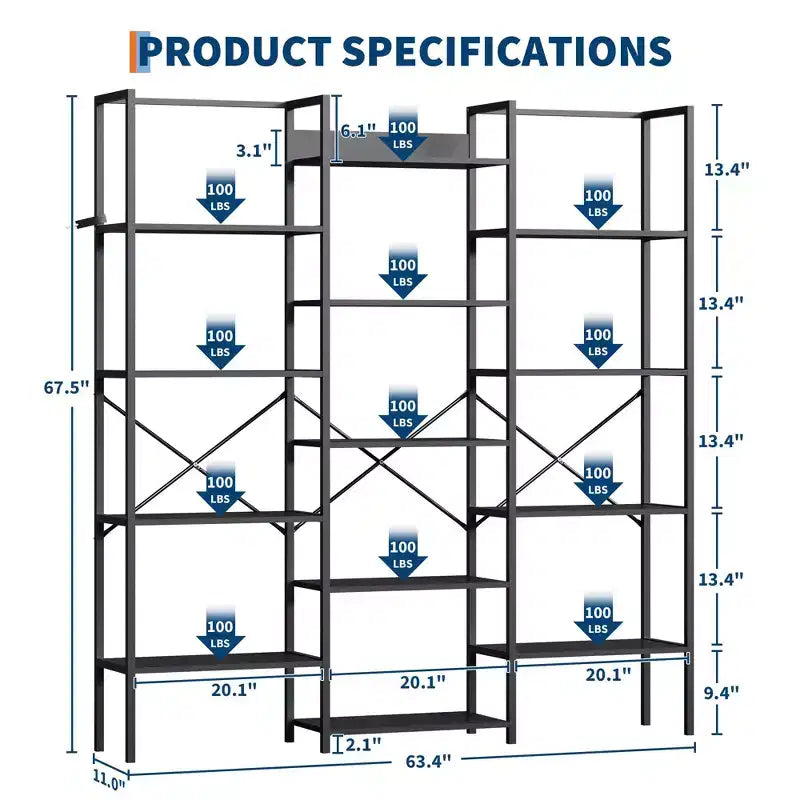GustoWave 5 Tier Bookcases, Triple Wide Industrial Bookshelf, Steel Bookshelf, Display Storage Bookshelves