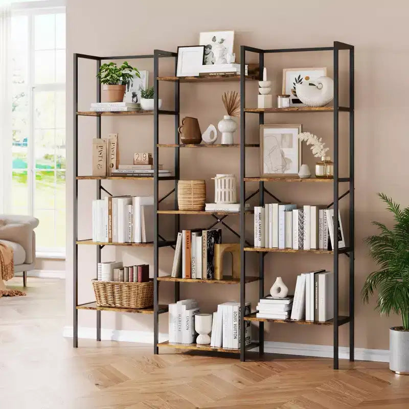 GustoWave 5 Tier Bookcases, Triple Wide Industrial Bookshelf, Steel Bookshelf, Display Storage Bookshelves