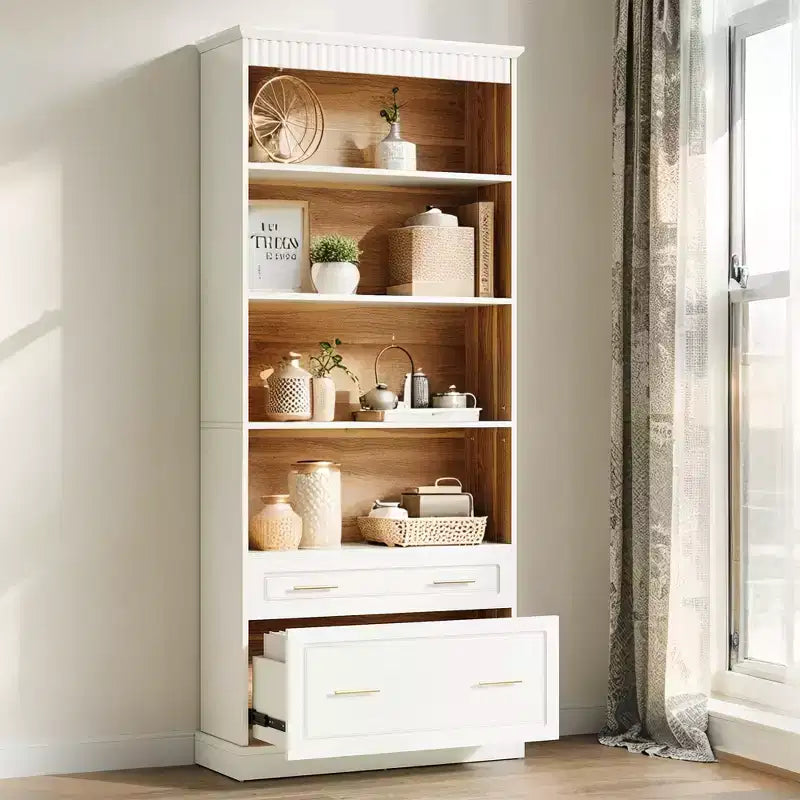 MAYEERTY Bibliothèque blanche avec 2 tiroirs et étagères ouvertes, étagère de rangement autoportante pour salon, chambre et bureau