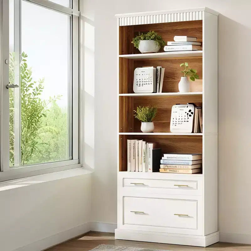 MAYEERTY Bibliothèque blanche avec 2 tiroirs et étagères ouvertes, étagère de rangement autoportante pour salon, chambre et bureau