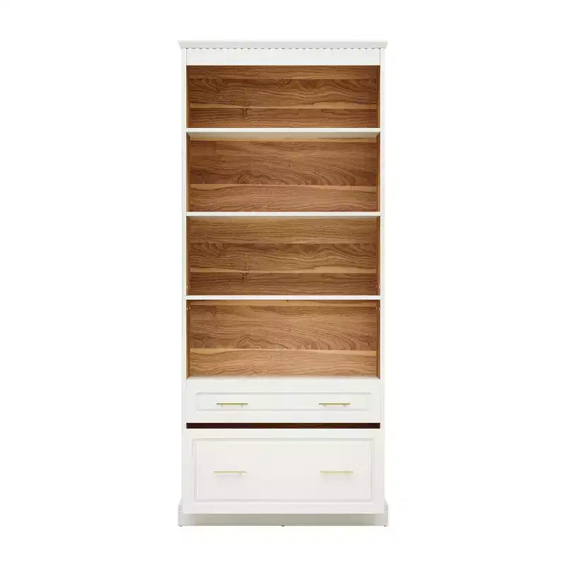 MAYEERTY Bibliothèque blanche avec 2 tiroirs et étagères ouvertes, étagère de rangement autoportante pour salon, chambre et bureau