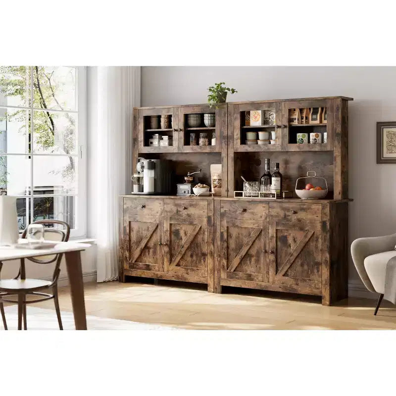 Meuble de rangement de cuisine de 160 cm de hauteur avec support pour micro-ondes, tiroirs et portes vitrées, buffet de style ferme, station de café pour appartements