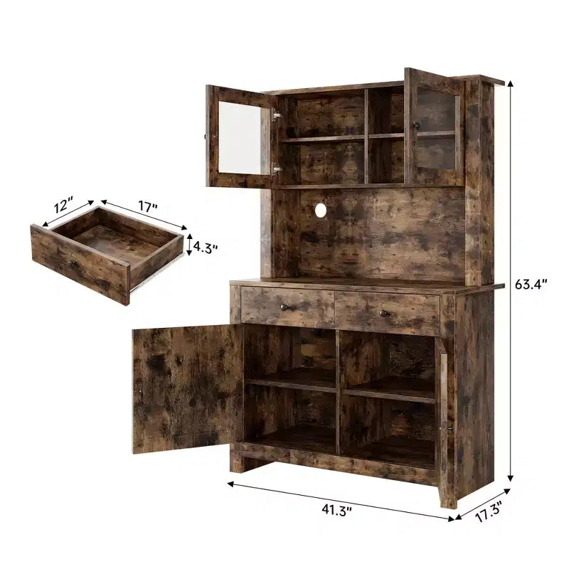 Meuble de rangement de cuisine de 160 cm de hauteur avec support pour micro-ondes, tiroirs et portes vitrées, buffet de style ferme, station de café pour appartements