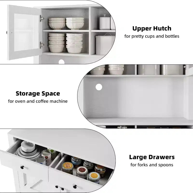 Meuble de rangement de cuisine de 160 cm de hauteur avec support pour micro-ondes, tiroirs et portes vitrées, buffet de style ferme, station de café pour appartements