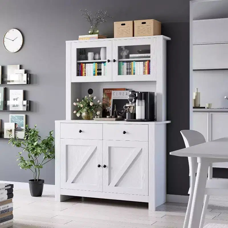 Meuble de rangement de cuisine de 160 cm de hauteur avec support pour micro-ondes, tiroirs et portes vitrées, buffet de style ferme, station de café pour appartements