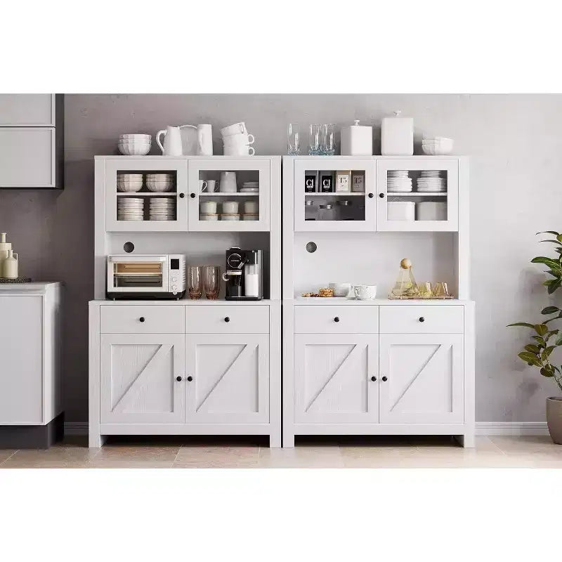 Meuble de rangement de cuisine de 160 cm de hauteur avec support pour micro-ondes, tiroirs et portes vitrées, buffet de style ferme, station de café pour appartements