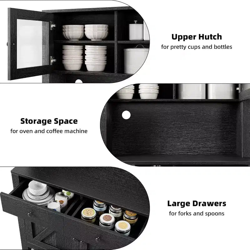 Meuble de rangement de cuisine de 160 cm de hauteur avec support pour micro-ondes, tiroirs et portes vitrées, buffet de style ferme, station de café pour appartements