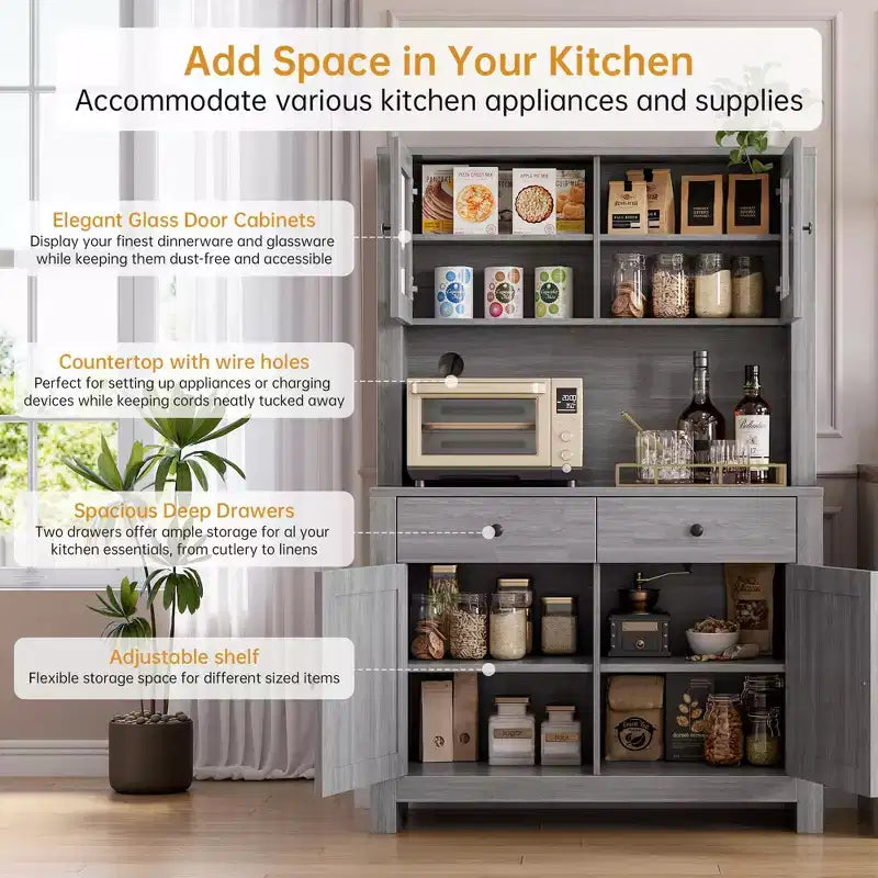 Meuble de rangement de cuisine de 160 cm de hauteur avec support pour micro-ondes, tiroirs et portes vitrées, buffet de style ferme, station de café pour appartements