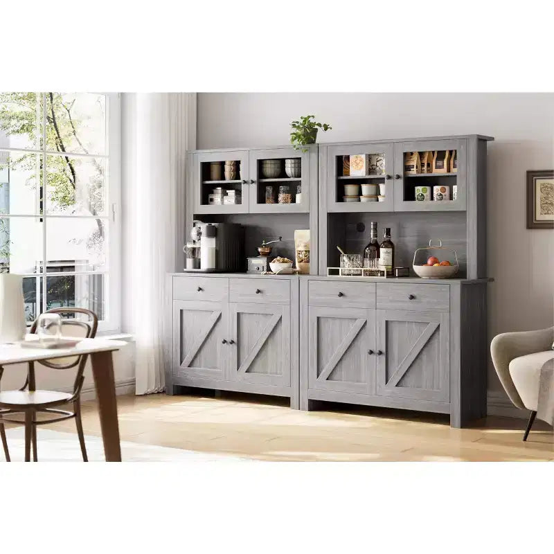 Meuble de rangement de cuisine de 160 cm de hauteur avec support pour micro-ondes, tiroirs et portes vitrées, buffet de style ferme, station de café pour appartements