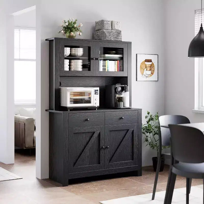Meuble de rangement de cuisine de 160 cm de hauteur avec support pour micro-ondes, tiroirs et portes vitrées, buffet de style ferme, station de café pour appartements