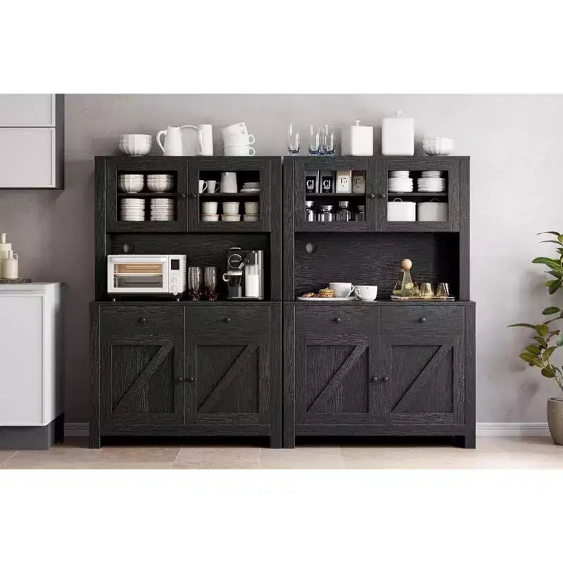 Meuble de rangement de cuisine de 160 cm de hauteur avec support pour micro-ondes, tiroirs et portes vitrées, buffet de style ferme, station de café pour appartements