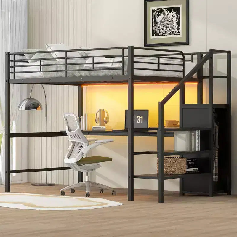 Merax Full Size Metal Loft Bed with Integrated Desk, Storage Staircase & Wardrobe
