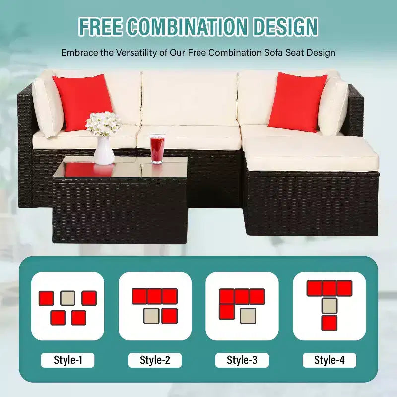 BestMassage 5 Pieces Rattan Patio Furniture Sets Patio Sectional Sofa Set Outdoor Conversation Sofa Set, Khaki