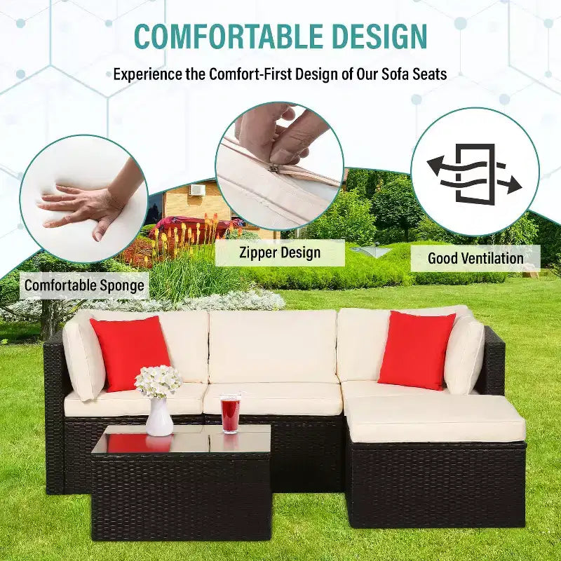 BestMassage 5 Pieces Rattan Patio Furniture Sets Patio Sectional Sofa Set Outdoor Conversation Sofa Set, Khaki