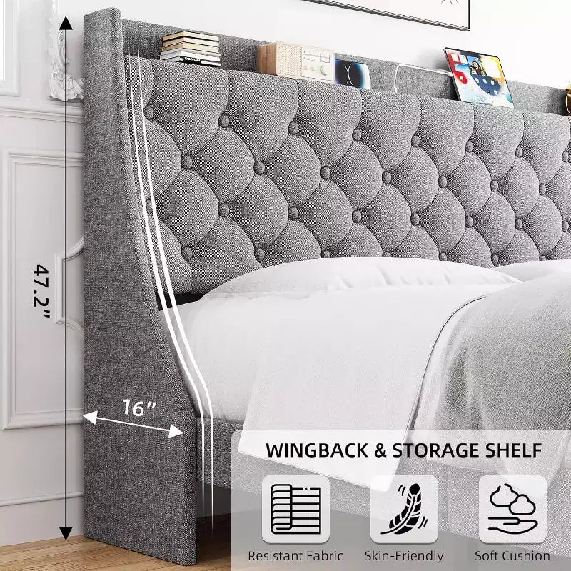 Modern King Upholstered Bed - USB Charging Headboard with Storage, Button Tufted & Noise-Free, No Box Spring (Dark Gray)