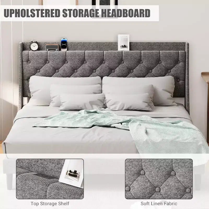 Modern King Upholstered Bed - USB Charging Headboard with Storage, Button Tufted & Noise-Free, No Box Spring (Dark Gray)
