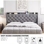 Modern King Upholstered Bed - USB Charging Headboard with Storage, Button Tufted & Noise-Free, No Box Spring (Dark Gray)