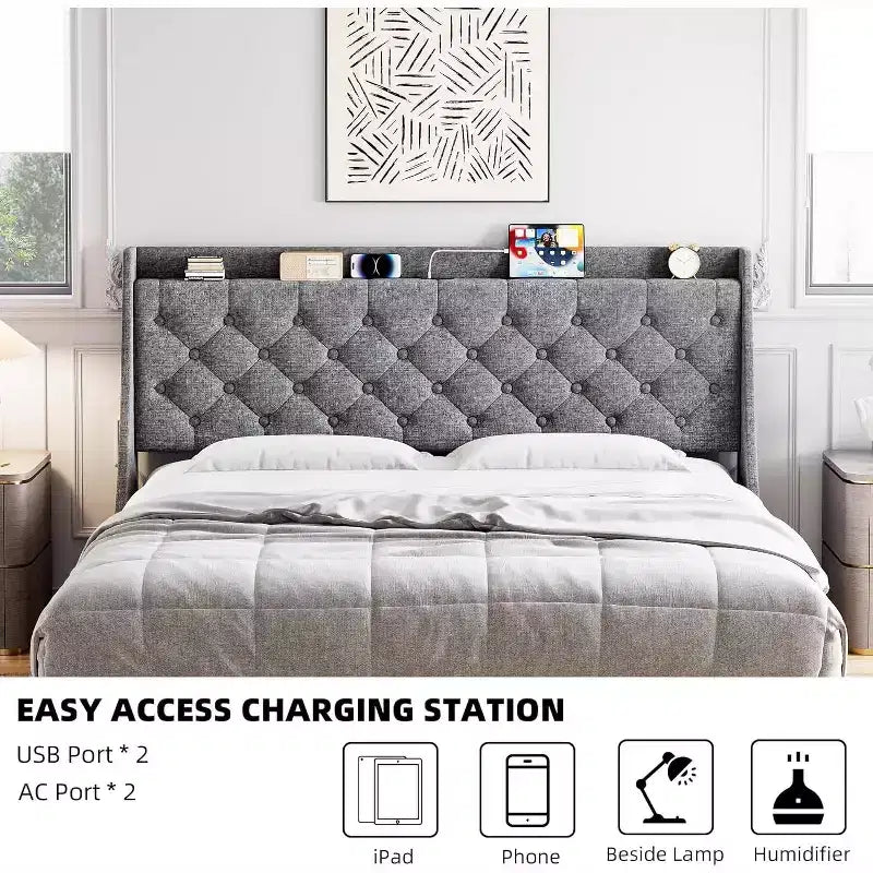 Modern King Upholstered Bed - USB Charging Headboard with Storage, Button Tufted & Noise-Free, No Box Spring (Dark Gray)