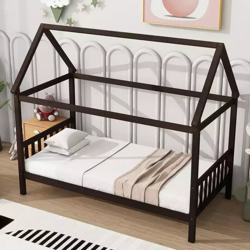 MAYEERTY Twin Rubber Wood Bed with House Frame Brown
