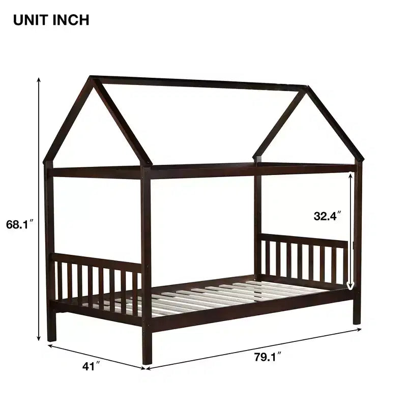 MAYEERTY Twin Rubber Wood Bed with House Frame Brown