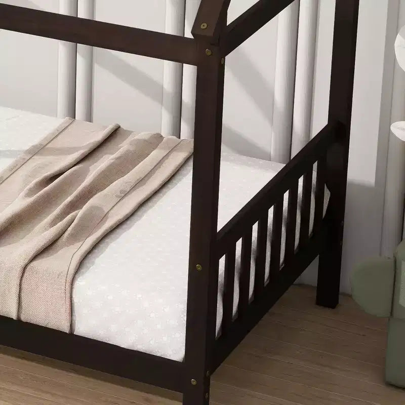 MAYEERTY Twin Rubber Wood Bed with House Frame Brown